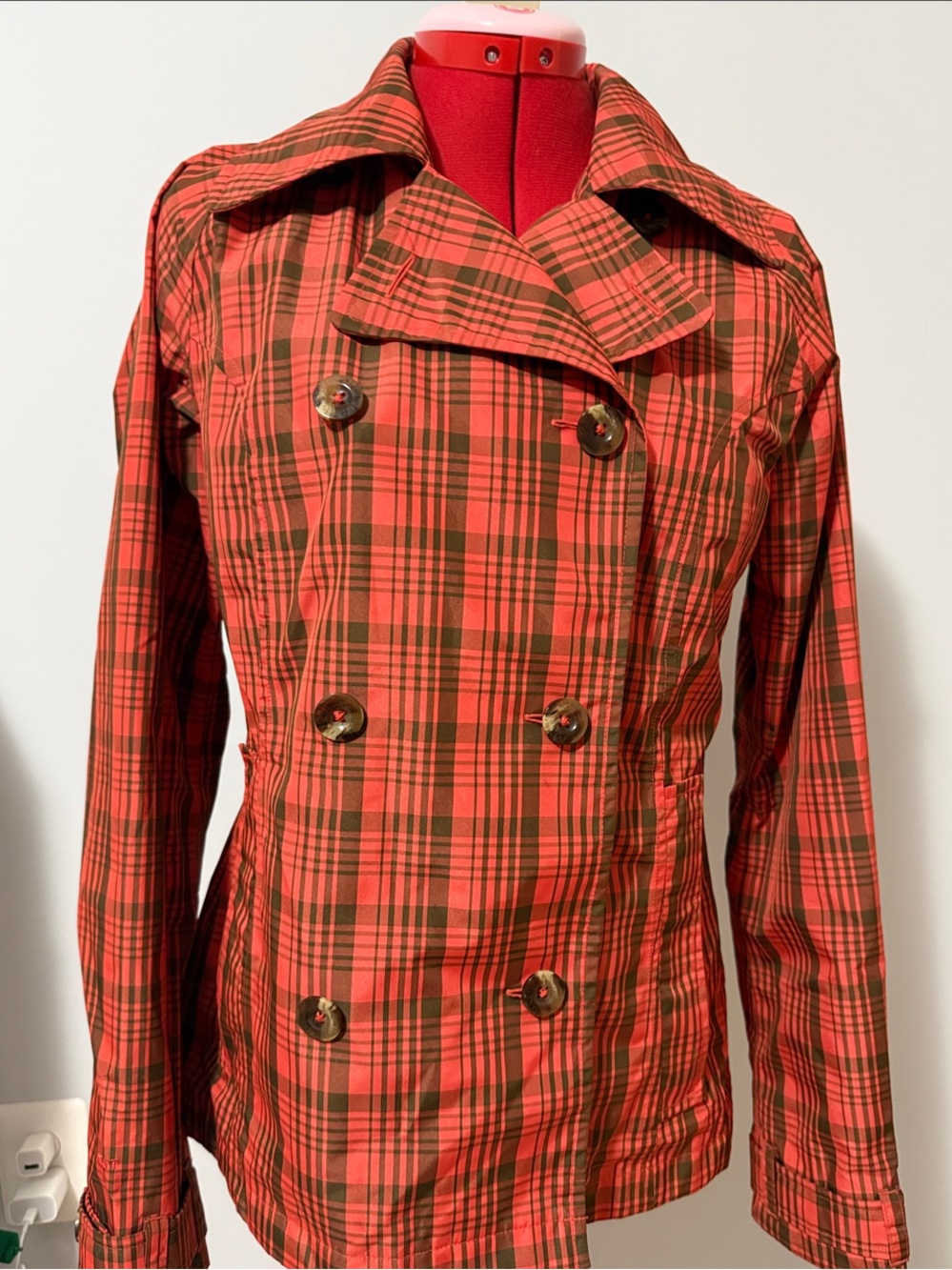 The North Face Red & Brown Plaid Double-Breasted Pea Coat